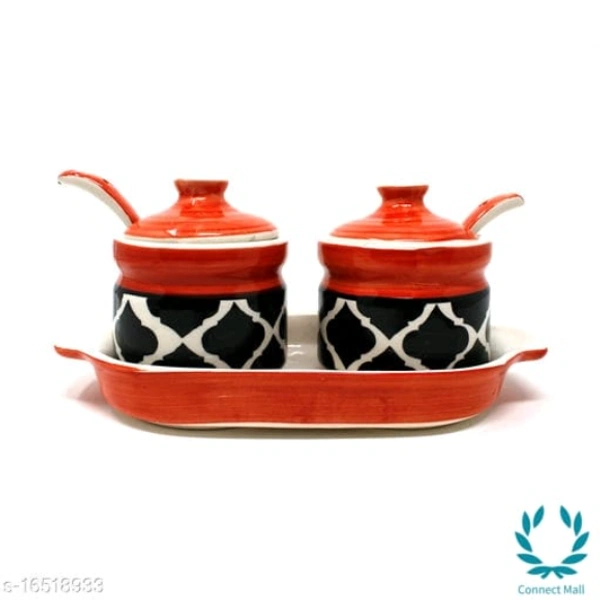 Pickle Jar| Achar Barni with Lid Spoon and Tray - Red